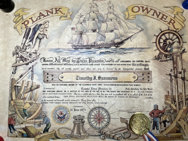 This is my Plank Owner certificate as an initial member of the crew of Coastal River Division 21.