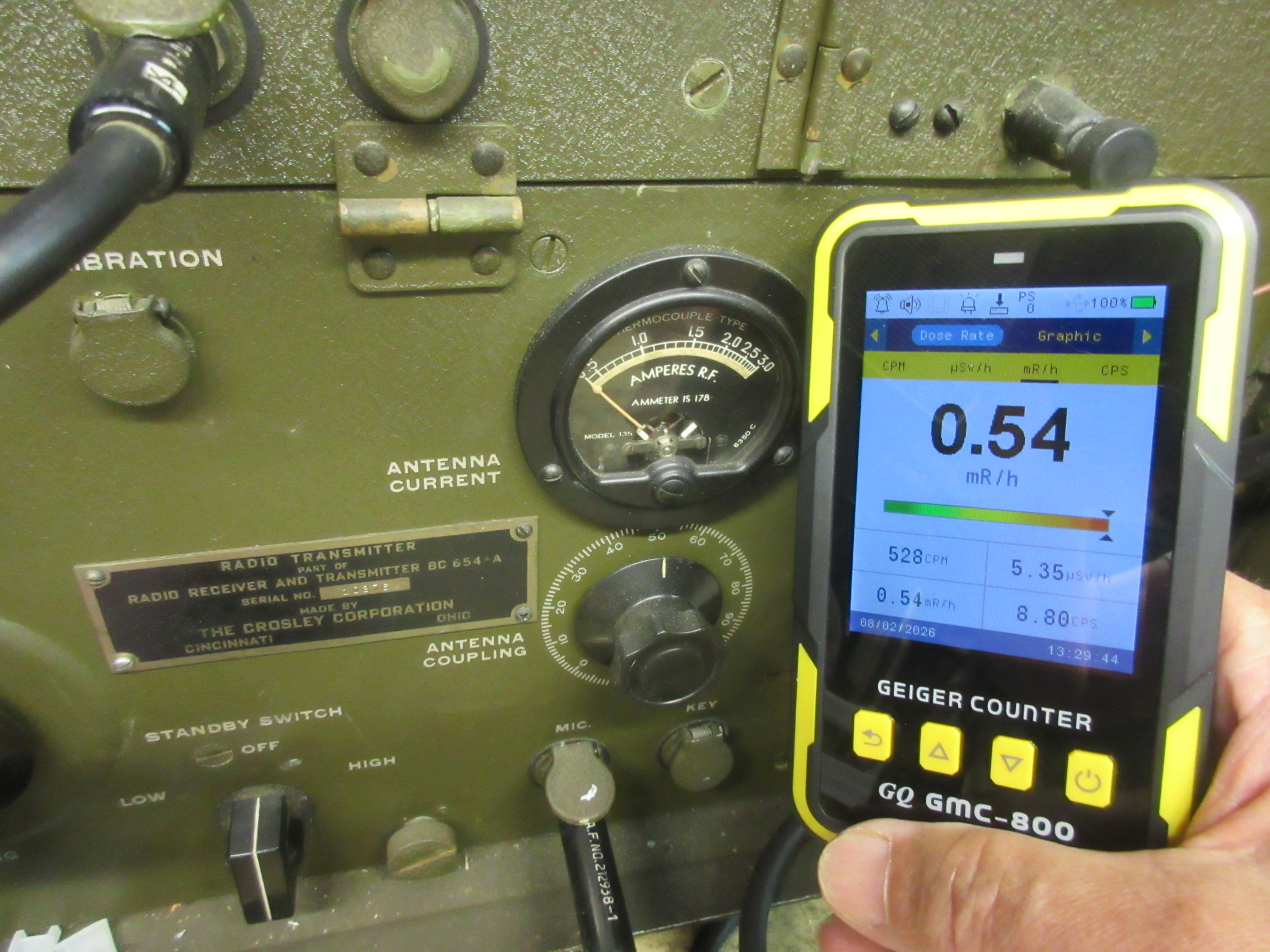 Radioactive paint on BC-654 meter face at close range.